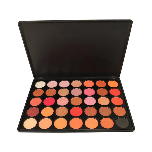 Cosmetics Products 35 Shade Eyeshadow Palette with a variety of colorful eyeshadow pans arranged in a rectangular palette.