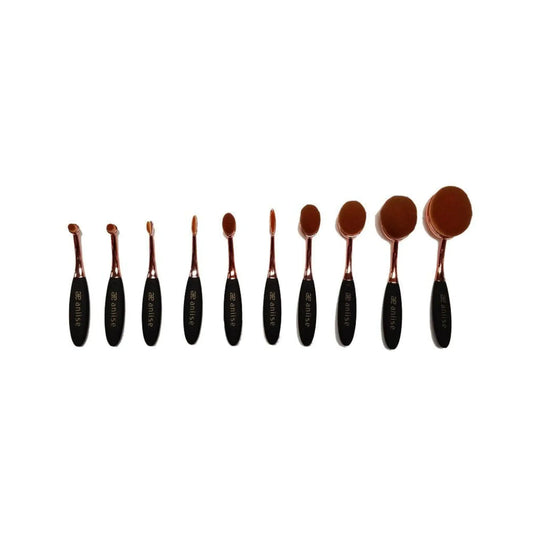 Set of 10 synthetic oval makeup brushes from Cosmetics Products, displaying various brush sizes and shapes for professional application.