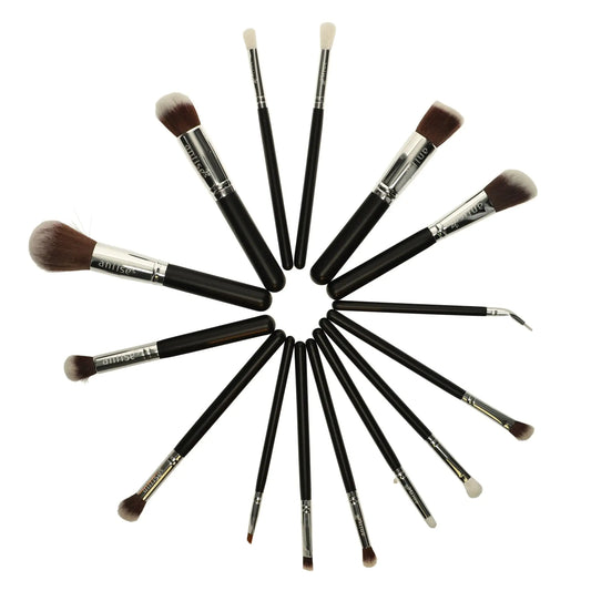 Set of 15 professional synthetic makeup brushes by Cosmetics Products, featuring various brush types and sleek handles.