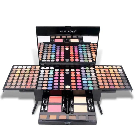 Redesign Ultimate Makeup Set with various eyeshadows, blushes, and brushes displayed in a sleek cosmetic case.