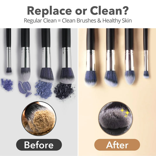 Redesign makeup brush cleaner bottle with clear label and brush cleaning sponge inside, designed for easy makeup brush cleaning.