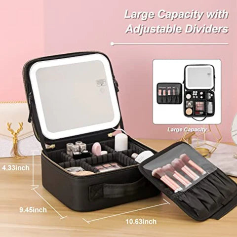 Redesign travel makeup bag with multiple compartments, black fabric exterior, and zipper closure for organizing cosmetics on the go.